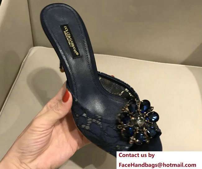 Dolce & Gabbana Heel 7cm Slippers Dark Blue In Lace With Crystals 2018